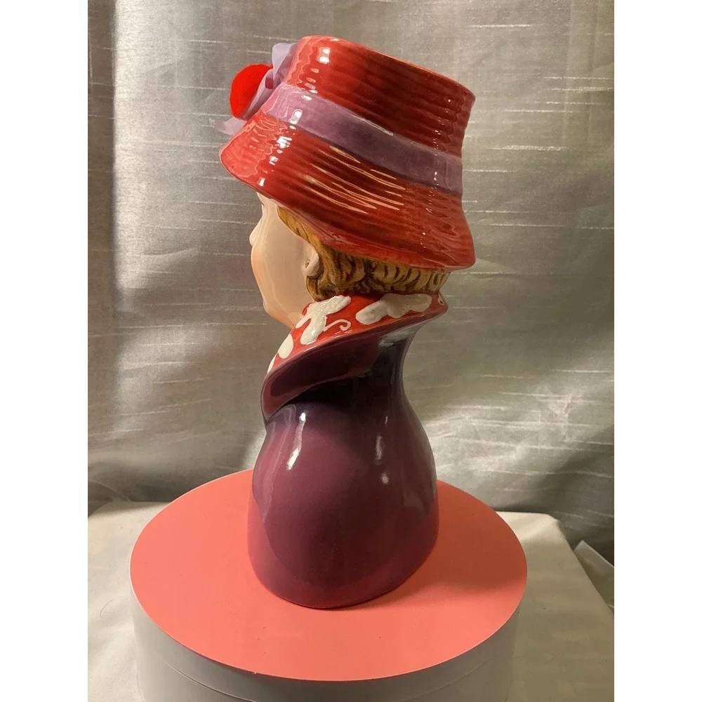 Vintage Style Ceramic Lady Head Vase Purple Coat Red Hat Floral Accent 9.5 inch